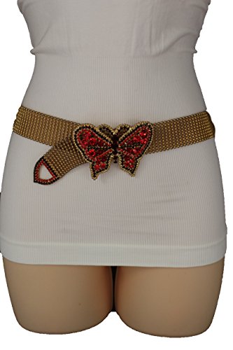 TFJ Women Fashion Metal Chains Belt Beads Fancy Red Butterfly Buckle S M Rusty Gold