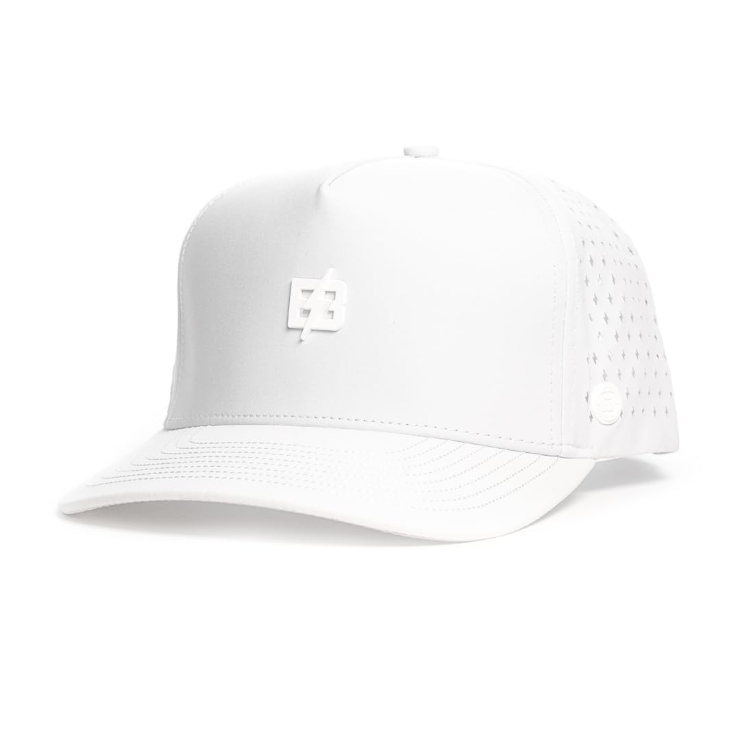 Photo 1 of BRIMZ Outdoor Performance Hat - Breathable Sweat Resistant Fitness Hats - Best for Golf, Running, Workouts, Fishing, Exercise - Moisture-Wicking 5-Panel Baseball Cap Snapback (Bolt Logo - White)