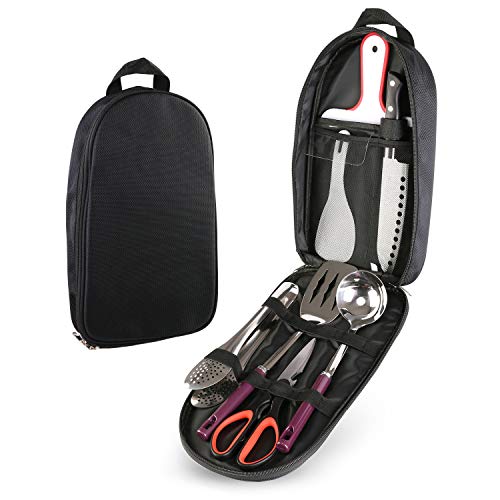 Odoland 8 Pcs Camping Cookware Utensils Travel Set, Camp Kitchen Utensil Organizer with Tongs, Scissors, Knife, Cutting Board, Rice Paddle and Water Resistant Case for Backpacking, Outdoor Camping