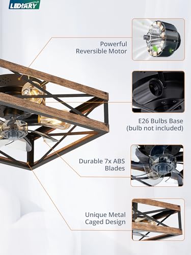 LEDIARY Caged Low Profile Ceiling Fan with Lights and Remote, Rustic Square Flush Mount, 6 Speed and Reversible, Small Farmhouse Bladeless Ceiling Fan for Bedroom, Kitchen, Dining Room