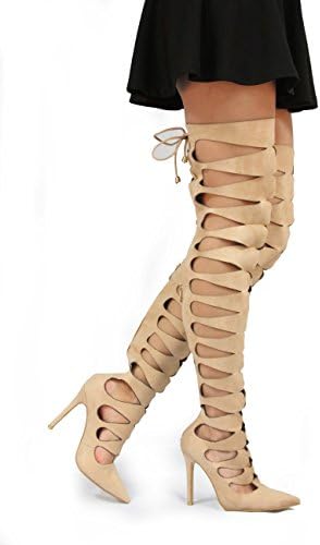 Static Fashion Womens Over The Knee Strappy Cut Out High Heel Gladiator Sandals,Nude,8