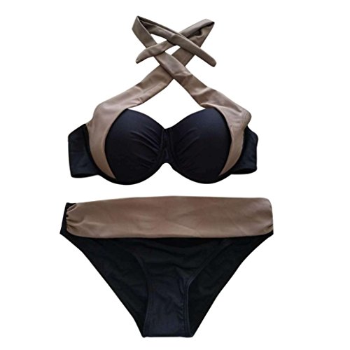 ManxiVoo Women Push up Padded Bra Bikini Set Low Waist Halter Tops Swimsuit Vintage Ruched Bathing Suits (M, Gray) - Thumbnail 3