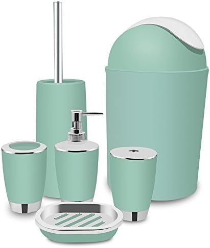 TEKITSFUN 6 Piece Plastic Bathroom Accessory Set, Luxury Bath Accessory Gift, Soap Dispenser, Lotion Dispenser, Soap Bar Holder, Tooth Brush Holder, Trash Can, Toilet Brush Set, Rinse Cup-Mint