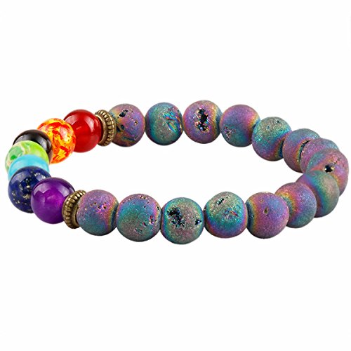 TUMBEELLUWA Titanium Coated Druzy Stone Chakra Bracelet - Elastic Yoga Beads For Women & Men
