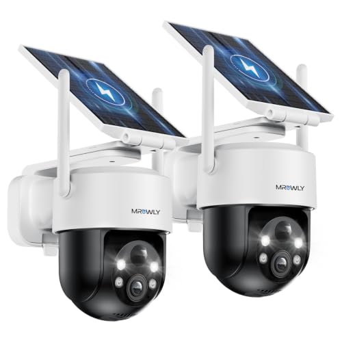 Mrowly 2K Überwachungskamera Aussen Solar, 2er Set, 360° PTZ WLAN | 2 Kameras für Eingang, Garten und Garage, Akku, abnehmbares Solarpanel, 2,4GHz WLAN, PIR, Farbnachtsicht, 2-Wege-Audio, IP66