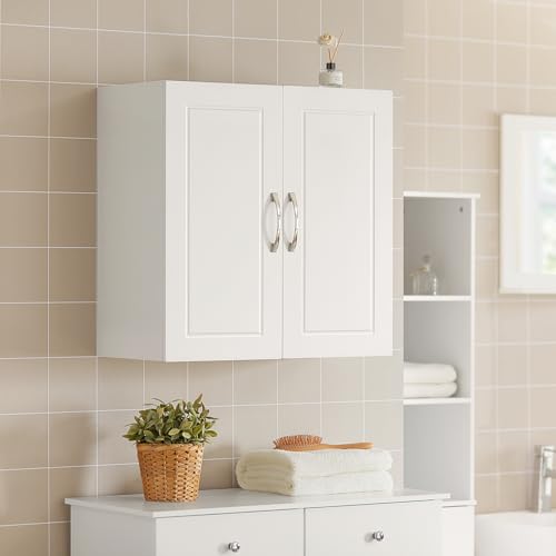 SoBuy Wall Mounted Cabinet White Bathroom Wall Cabinet with Double Doors and Adjustable Shelf, Storage Cupboard Hanging Kitchen Pantry Organizer Over the Toilet, 60x30x60cm, FRG231-W