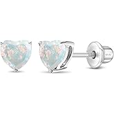 925 Sterling Silver Simulated Opal Prong Set Heart Safety Screw Back Earrings For Toddlers and Little Girls - Iridescent Heart Shaped Screw Back Earrings For Young Girls
