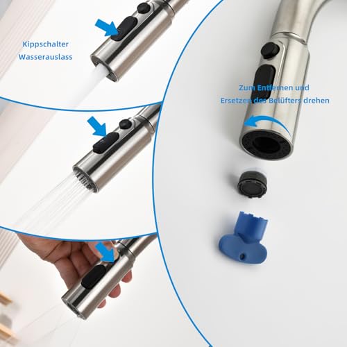 Mynaiad Kitchen Tap with Cup Washer, Pull Out Spray, Double Outlet, 360° Rotation, Kitchen Tap Tap Brushed 304 Stainless Steel