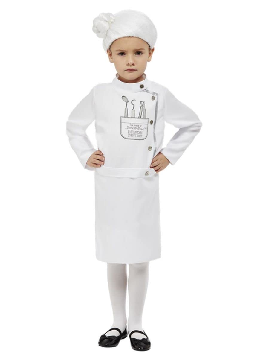 Smiffys David Walliams Deluxe Demon Dentist Costume, White with Dress & Wig, Officially Licensed David Walliams Fancy Dress, Child Dress Up Costumes
