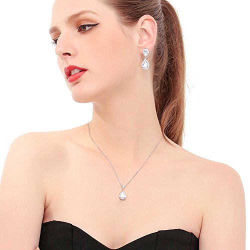 Crystal Jewelry Set for Women - AMYJANE Charming Pear-Shape Sterling Silver Full Cubic Zirconia Bridal Pendant Necklace Dangle Earrings Set