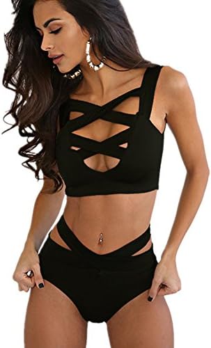 Wohaosen Women's Sexy Criss Cross High Waist Bandage 2PCS Bikini Set Swimsuit(black)