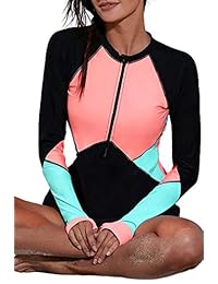 Bañador con cremallera frontal para dama, manga larga, diseño de rayas