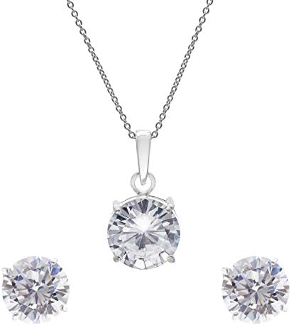 Women's .925 Sterling Silver Cubic Zirconia Round Cut Stud Earrings Pendant Necklace Set, 18"