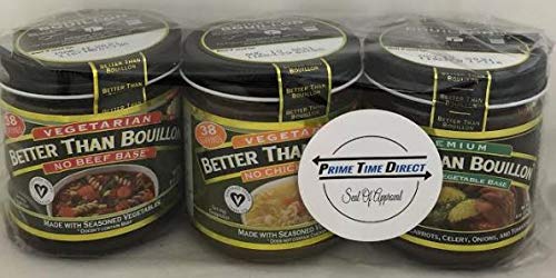 Better Than Bouillon Variety Pack- No Beef Base, No Chicken Base, & Vegetable Base 8oz jars (3 Pack; 1 each) in a Prime Time Direct Sealed Bag