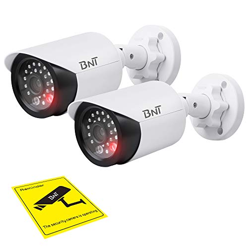 Dummy Security Camera, BNT Fake Security Camera System with One Red LED Light at Night + Bonus Warning Sticker - for Home and Businesses Indoor/Outdoor (2 Pack, White)
