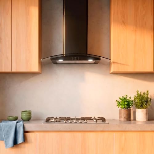 AVERA Campana de cocina 80 cm de pared negra, 3 velocidades, Luz LED, Filtro de carbón activado, Filtro de malla metálica lavable, Acero inoxidable y vidrio templado, Diseño curvo | CEV80N