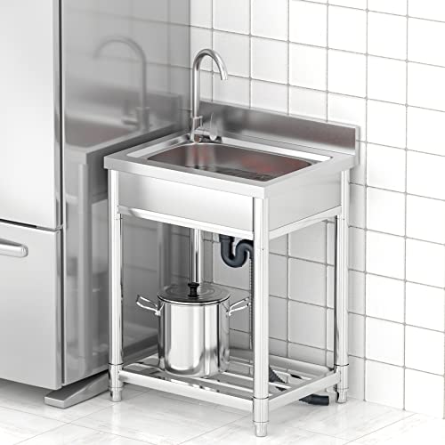 Vockol Professional Stainless Steel Kitchen Sink with 1 Basin, 55 x 50 x 94 cm, Freestanding Stainless Steel Sink with Tap and Accessories, Outdoor and Indoor Sink, Stainless Steel Sink for Kitchen, Restaurant, Garage, Garden