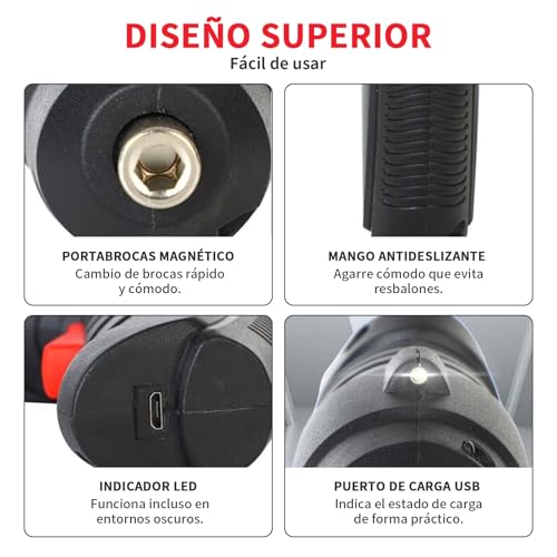 YEAHCHIC Juego de 47 Destornillador Eléctrico Inalámbricos de 3,6 V con Puntas Recargables por USB，Uso Doméstico, Reparación， Mango Giratorio de 90°a 180°, Atornillador Puntas Intercambiables