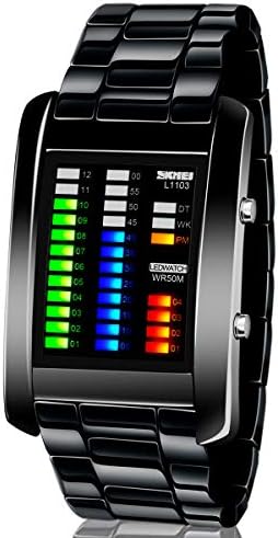 Men's Digital Watch Binary Time LED Display 50M Waterproof Alloy Band Creative Sport Army Wristwatches-Black
