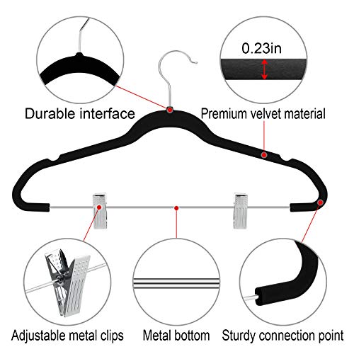 TIMMY Velvet Hangers with Clips 20 Pack Non Slip Clothes Hangers Ultra Thin for Pants Hangers Skirt Hangers with Swivel Hooks(Black) - Thumbnail 3