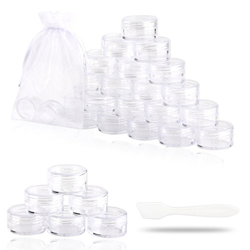 SumDirect 100Pcs 5Gram Empty Clear Plastic Cosmetic Containers Sample Packing Portable Travel Bottle Pot Jars for Cream and Lotion with a Snoop and 10Pcs White Sheer Organza Bags(Clear)
