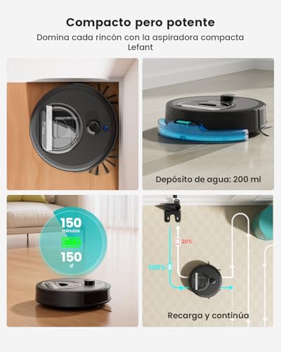 Lefant M330 Pro Robot Aspirador y Trapeador con Premium Navegación dToF LiDAR, 5000Pa, 150min, Mini Diámetro 28cm, Barre, Aspira, Friega y Pasa la Mopa, App/Alexa/i Watch, TotalSurface, Negro