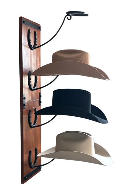Photo 1 of R828 Ranch Cowboy Hat Rack For Wall Mount (34.6” x 10.1” x 13.5”) | Wood Cowboy Hat Holder | Hanging Western Hat Rack w/Metal Accents | Customizable Hat Organizer w/Handmade Horseshoe Mounts