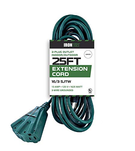 25 Foot Outdoor Extension Cord with 3 Electrical Power Outlets - 16/3 SJTW Durable Green Extension Cable with 3 Prong Grounded Plug for Safety