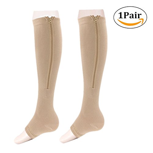 STEVE YIWU Compression Socks Toe Open Leg Support Stocking Zipper Design Men Women (L/XL, Skin color)