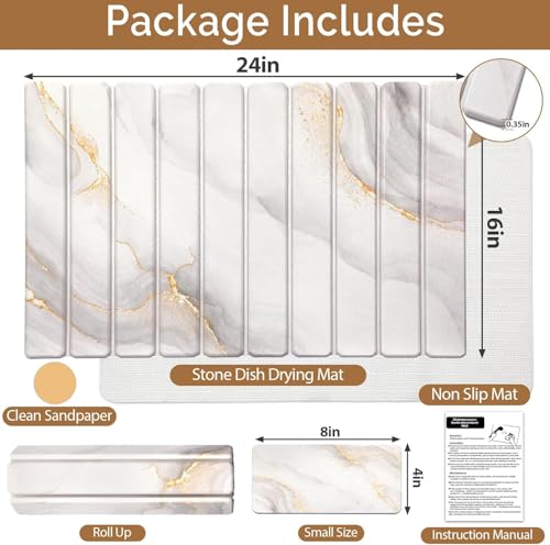 2 PCS Large Stone Dish Drying Mat for Kitchen Counter,Quick Dry Stone Dishes Mats,Marbled Water Absorbing Diatomaceous Earth Drying Pad for Countertop Bottles Utensils Cups( 40*60*cm+10*20cm)