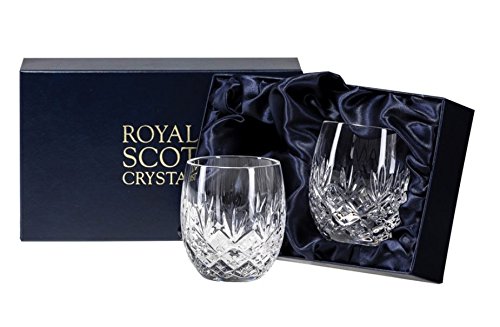 Royal Scot Crystal Edinburgh Hand Cut Glass Whisky Barrel Tumbler Set of 2 in Presentation Box 240ml 8fl oz