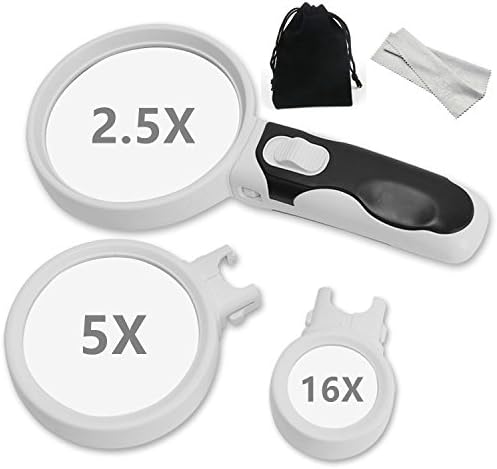Magnifying Glass Set with LED light, 3 Illuminated Lens 2.5X 5X 16X , Best magnifier for Seniors, Kids and Computers, Low Vision Aid for Reading, Jewelery Loupe and Macular Degeneration