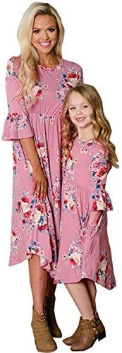 Mommy and Me Family Matching Dress Floral Half Sleeve Ruffle Round Neck Maxi Dress