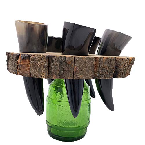 Alehorn Handcrafted Genuine Viking Wine/Mead Drinking Horn 50 ML Toasting Horn Shot Glasses Set of 5 w/Rustic Custom Wooden Holder Tray Rack Display Stand Decor