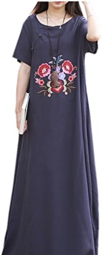 ZanYing Women Embroid Loose Robe Retro Pull-over Long Dress One Size (Navy blue)
