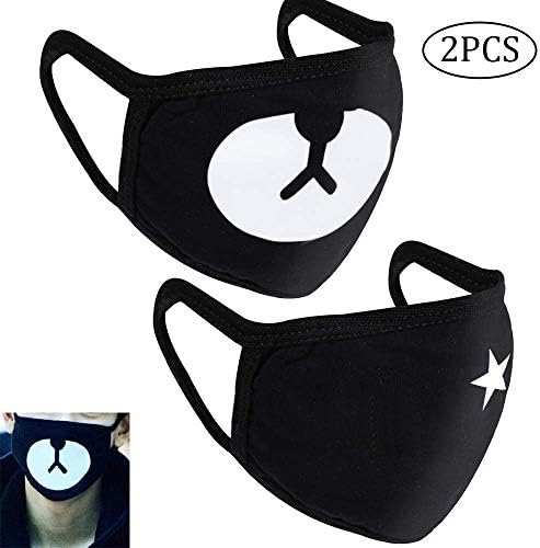 2 PCS Cotton Face Mouth Mask, Bear Star Pattern Unisex Kpop Black Face Masks for Kids Teens Men Women Cycling Sport Outdoor