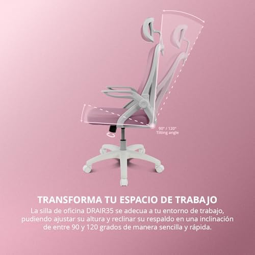 DRAIR35 – Silla Escritorio Ergonómica Oficina y Hogar de Malla tensada Transpirable, Reclinable 90-120°, Reposacabezas y Reposabrazos Abatibles, Soporta hasta 120 kg, Rosa-Blanco