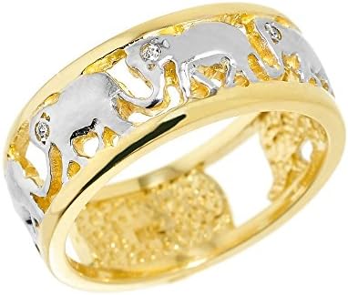 Fine 14k Two-Tone Gold Open Design Band Diamond Elephant March Ring