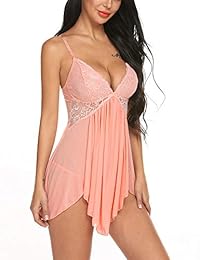 ELOVER damaes Sexy Lencería Floral Encaje Babydoll V Cuello Malla Chemise Sexy Ropa de dormir