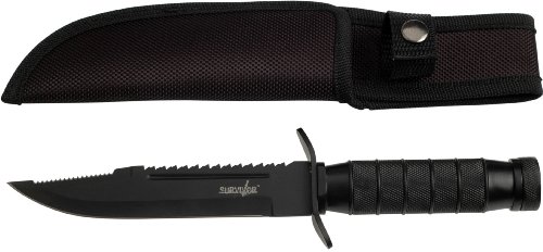 Survivor HK-695B Fixed Blade Knife, Black Reverse Serrated Blade, Black Metal Handle, 9-1/2-Inch Overall