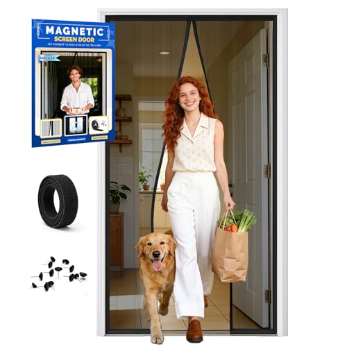 COMYESA Fly Screens for Doors – Durable Door Fly Screen Curtain with Magnetic Fly Screen Door, Hands-Free Auto Closing, No Drill Installation, 90x210cm