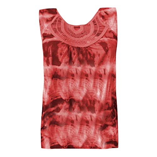 FarJing Women Fashion Round Neck Vest Sleeveless Lace Patchwork Tie Dye Printing Tank Top（5XL,Red)