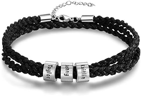 Personalized Mens Braid ID Bracelet with 2-5 Custom Beads Black Name Charm Bracelet for Men with Family Names
