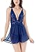 Ruzishun Lingerie for Women Babydoll Lace Strap Chemise Set(Navy,XL)