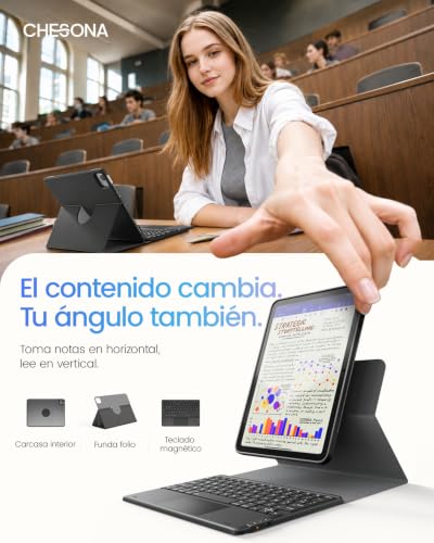 CHESONA Keyboard Case for iPad 11(A16)/10Gen, Air 11" M4/M3/M2,Air 5/4 | High and Low Angle Modes, Magnetic Bluetooth Keyboard with 7 Color Backlight, QWERTY Spanish Ñ, Black