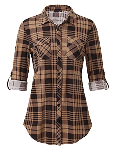 Djt Damen Weiches Gestrick Karierte Bluse Langarm Oberteile Roll Up Ärmel Hemdbluse Shirts Button Down Blusen Top Kaffee-Braun S