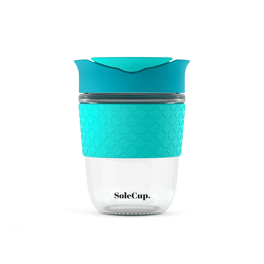 SoleCup. - Reusable Strengthened Glass Travel Cup - Spill Proof Coffee Mug - 12oz/340ml BPA-Free Hot Drink Travel Mug with Lid & Silicone Band (Blue, 12oz / 340ml)