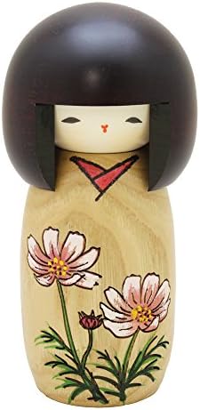 Usaburo Japanese Kokeshi Wooden Doll, Cosmos Brown Kimono