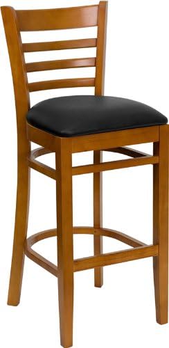 Trona HERCULES Cherry Finished Ladder Back Wooden Restaurant Bar Stool Black Vinyl Seat
