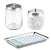 mDesign Bathroom Vanity Storage Organizer Canister Jars and Vanity Tray Set for Cotton Swabs, Cotton Rounds, Cotton Balls, Makeup Sponges, Bath Salts, Guest Towels, Perfume - Set of 3 - Clear/Brushed